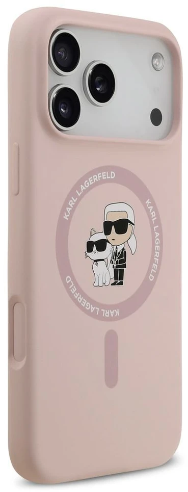 Karl Lagerfeld Liquid Silicone Karl and Choupette MagSafe dėklas, skirtas iPhone 18 Pro Max, rožinis