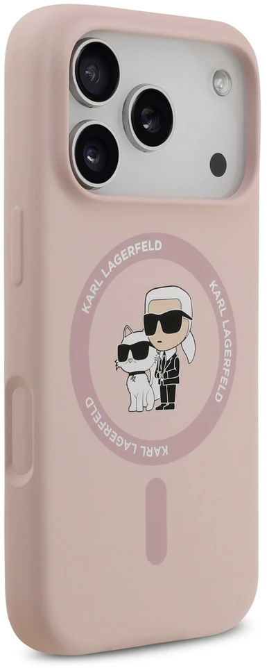 Karl Lagerfeld Liquid Silicone Karl and Choupette MagSafe dėklas, skirtas iPhone 18 Pro, rožinis