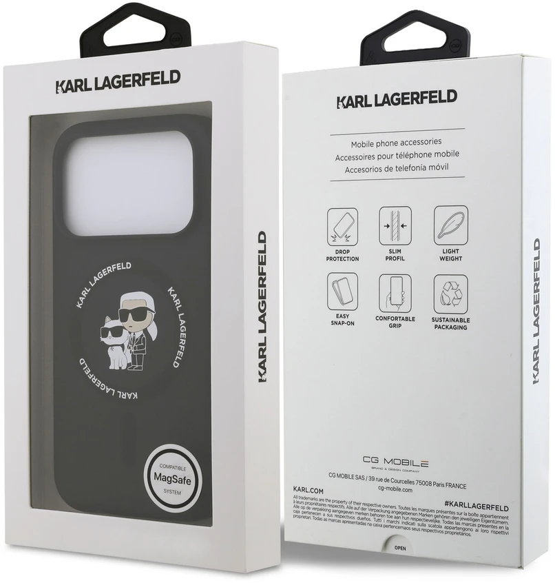 Karl Lagerfeld Liquid Silicone Karl and Choupette MagSafe dėklas, skirtas iPhone 18 Pro Max, juodas