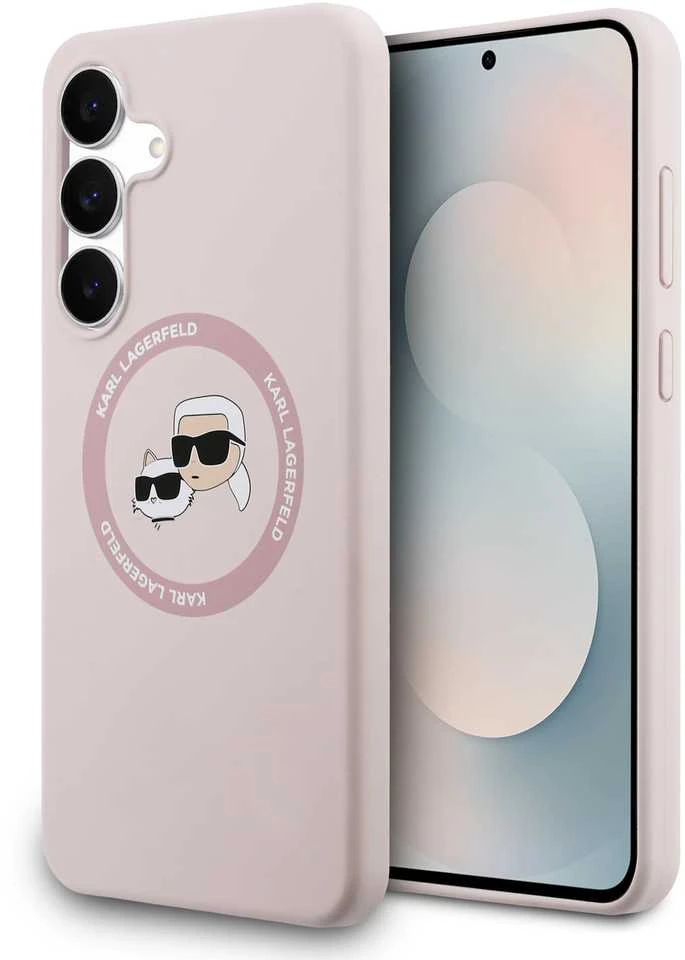 Dėklas Karl Lagerfeld Silicone Karl&Choupette Heads MagSafe skirtas Samsung Galaxy S25 FE rožinės spalvos