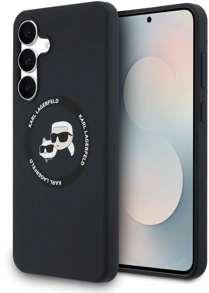 Dėklas Karl Lagerfeld Silicone Karl&Choupette Heads MagSafe skirtas Samsung Galaxy S25 FE juodos spalvos