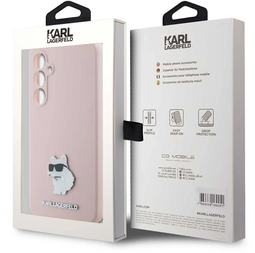 Dėklas Karl Lagerfeld KLHCS23FESMHCNPP S23 FES711 rožinės spalvos Silicone Choupette Metal Pin