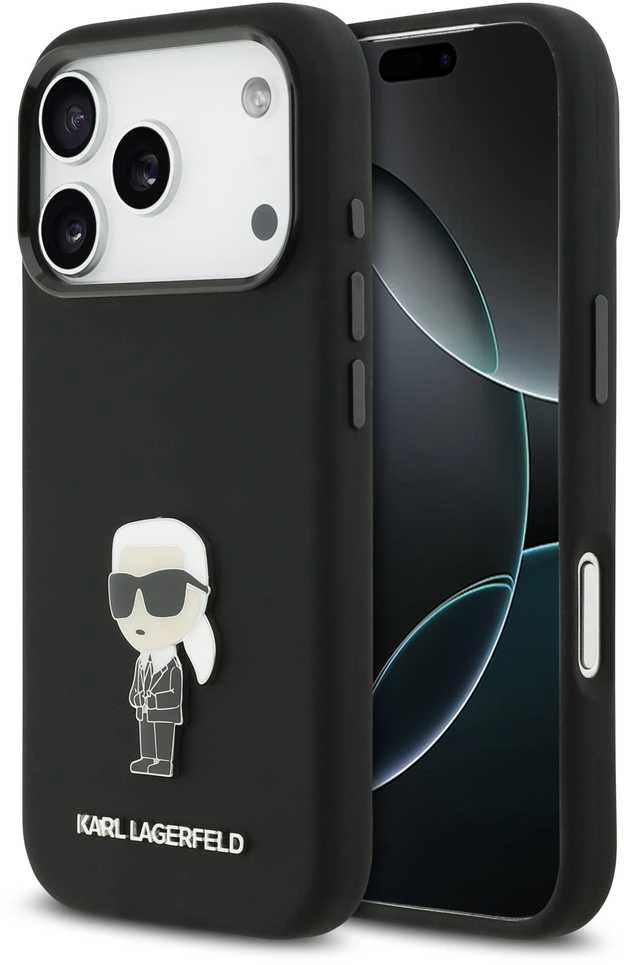 Karl Lagerfeld Liquid Silicone Metal Ikonik dėklas skirtas Apple iPhone 17 Pro juodos spalvos