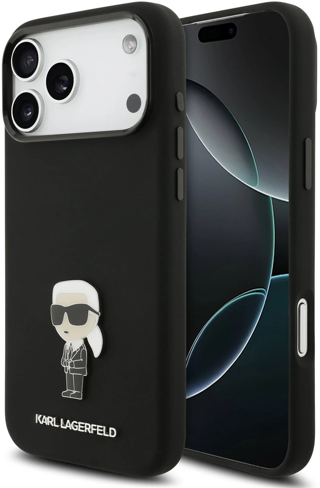 Karl Lagerfeld Liquid Silicone Metal Ikonik dėklas skirtas Apple iPhone 17 Pro Max juodos spalvos