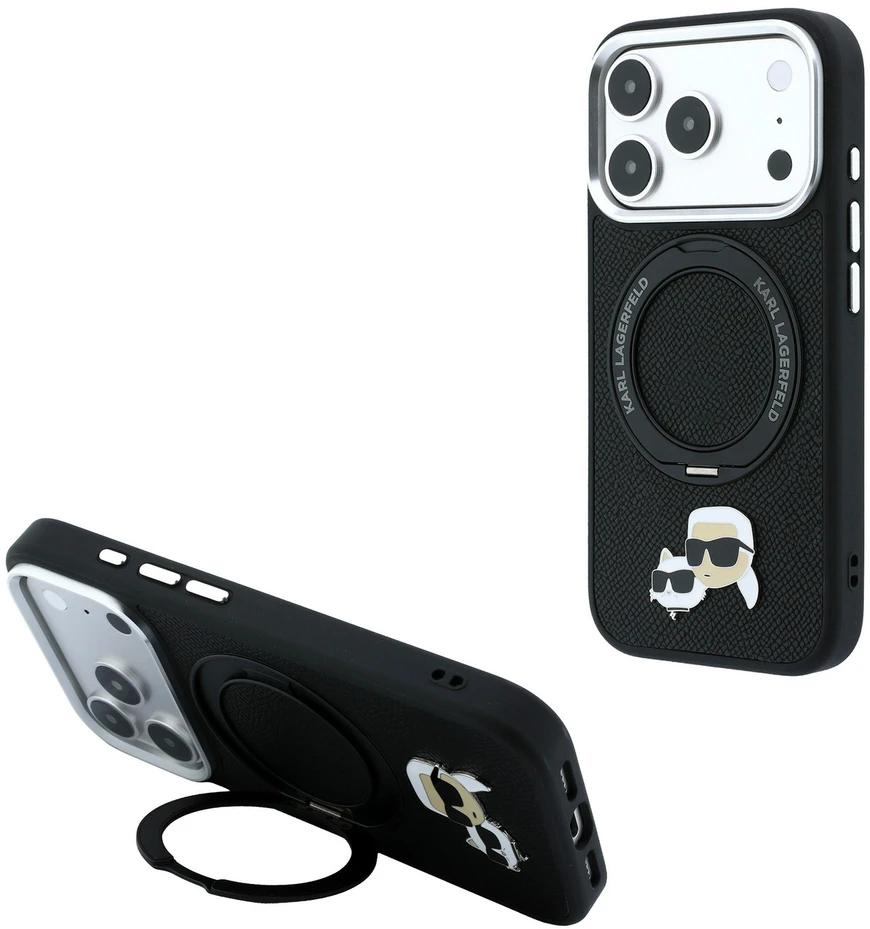 Karl Lagerfeld su žiediniu stovu 360 Karl & Choupette Heads Pin MagSafe dėklas iPhone 18 Pro / 17 Pro - Juodas