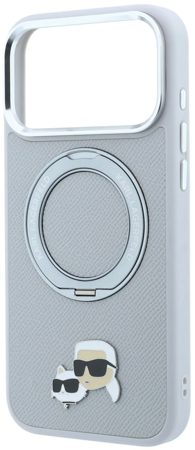 Karl Lagerfeld PU Grained K&CH Heads Ring Stand Magsafe dėklas, skirtas iPhone 18 Pro Max, pilkas