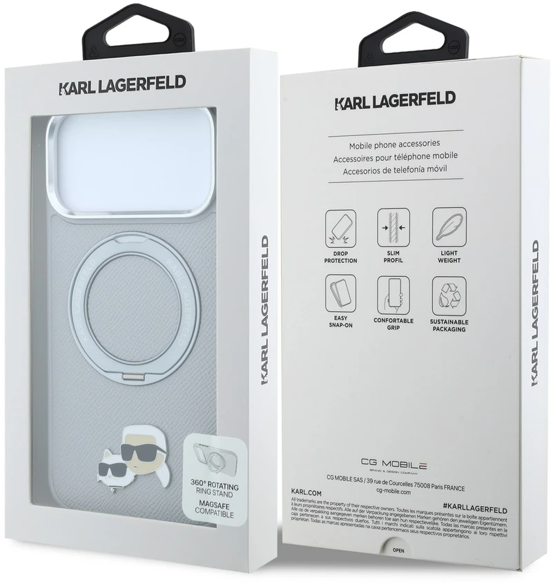 Karl Lagerfeld PU Grained K&CH Heads Ring Stand Magsafe dėklas, skirtas iPhone 18 Pro Max, pilkas