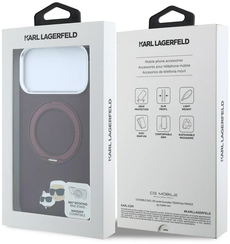 Dėklas Karl Lagerfeld with Ring Stand 360 Karl & Choupette Heads Pin MagSafe do iPhone 18 Pro Max / 17 Pro Max bordo spalvos