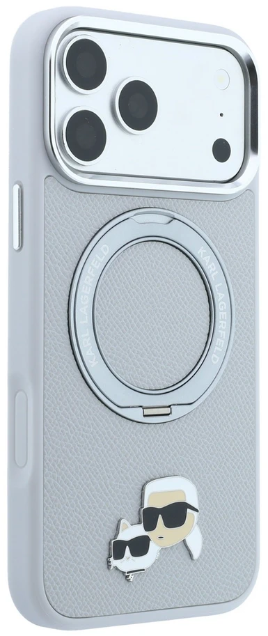 Karl Lagerfeld PU Grained K&CH Heads Ring Stand Magsafe dėklas, skirtas iPhone 18 Pro Max, pilkas