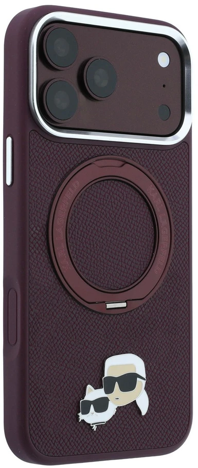 Dėklas Karl Lagerfeld with Ring Stand 360 Karl & Choupette Heads Pin MagSafe do iPhone 18 Pro Max / 17 Pro Max bordo spalvos