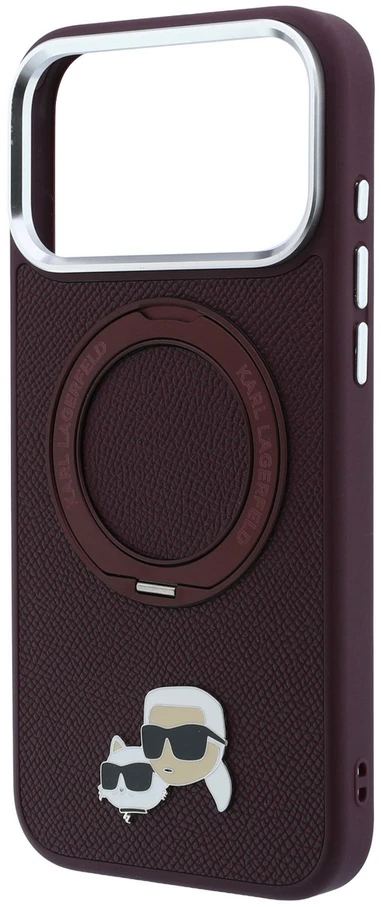 Dėklas Karl Lagerfeld with Ring Stand 360 Karl & Choupette Heads Pin MagSafe do iPhone 18 Pro Max / 17 Pro Max bordo spalvos