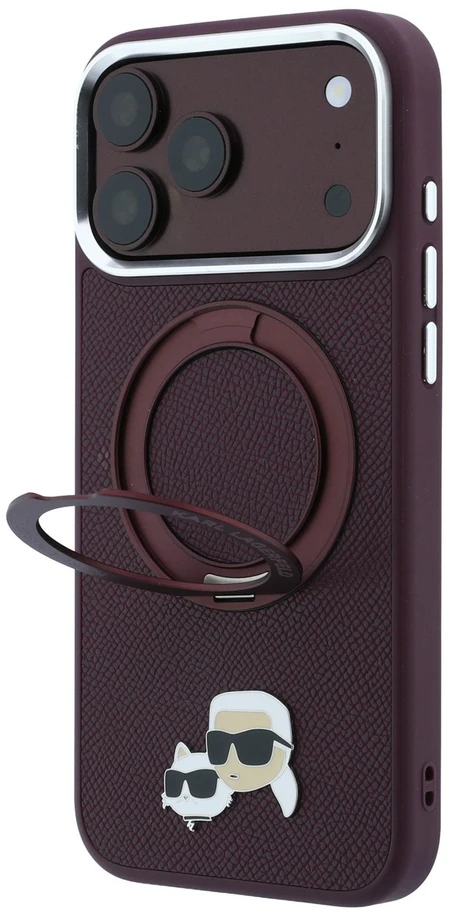 Dėklas Karl Lagerfeld with Ring Stand 360 Karl & Choupette Heads Pin MagSafe do iPhone 18 Pro Max / 17 Pro Max bordo spalvos