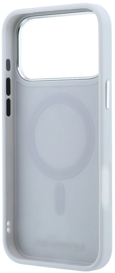 Karl Lagerfeld PU Grained K&CH Heads Ring Stand Magsafe dėklas, skirtas iPhone 18 Pro Max, pilkas