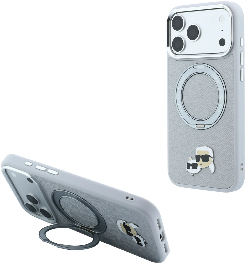 Karl Lagerfeld PU Grained K&CH Heads Ring Stand Magsafe dėklas, skirtas iPhone 18 Pro Max, pilkas