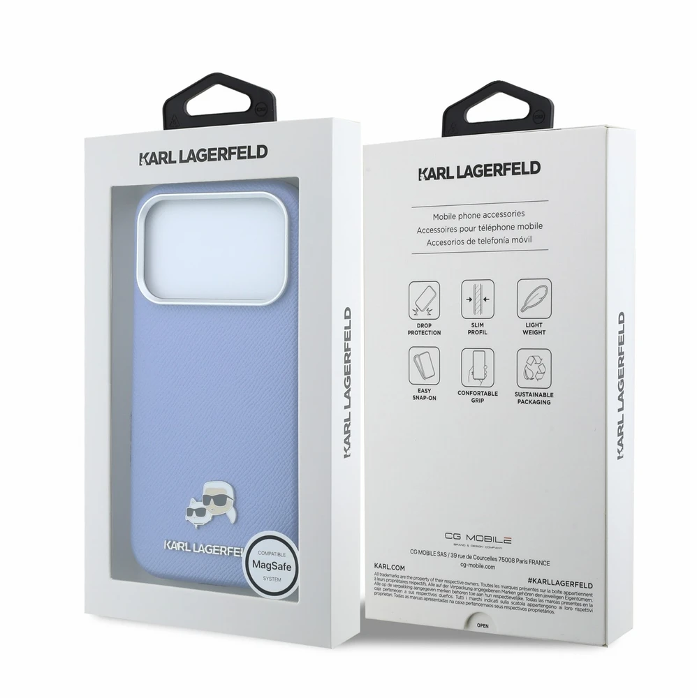 Dėklas Karl Lagerfeld PU Grained Semi Wrap K&CH Heads Magsafe Case for iPhone 18 Pro Max Mėlyna