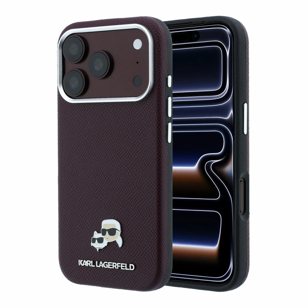 Karl Lagerfeld Grūdėtos odos Choupette galvutės metalinis MagSafe dėklas, skirtas iPhone 18 Pro Max – bordo spalvos
