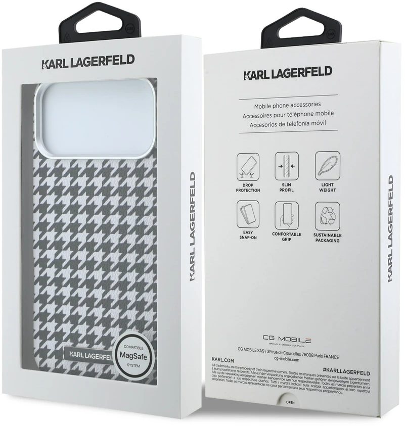 Karl Lagerfeld PU Houndstooth Resin Plate MagSafe dėklas skirtas iPhone 17 Pro Max juodos spalvos