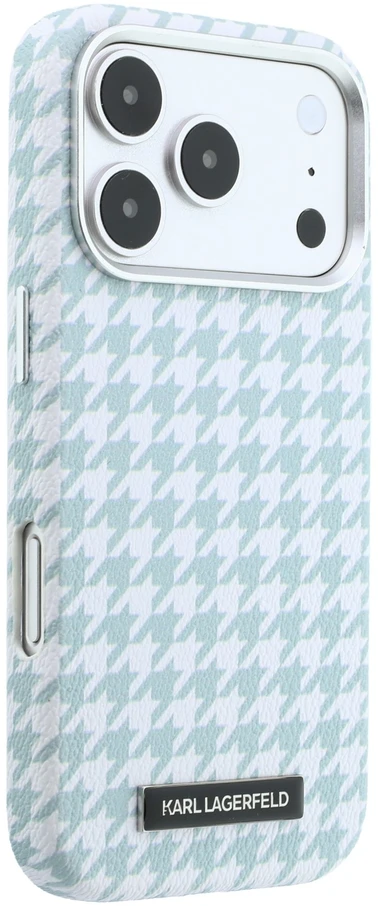 Karl Lagerfeld PU Houndstooth Resin Plate MagSafe dėklas, skirtas iPhone 17 Pro, mėlynas
