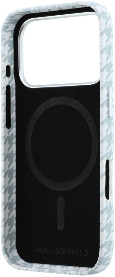 Karl Lagerfeld PU Houndstooth Resin Plate MagSafe dėklas, skirtas iPhone 17 Pro, mėlynas