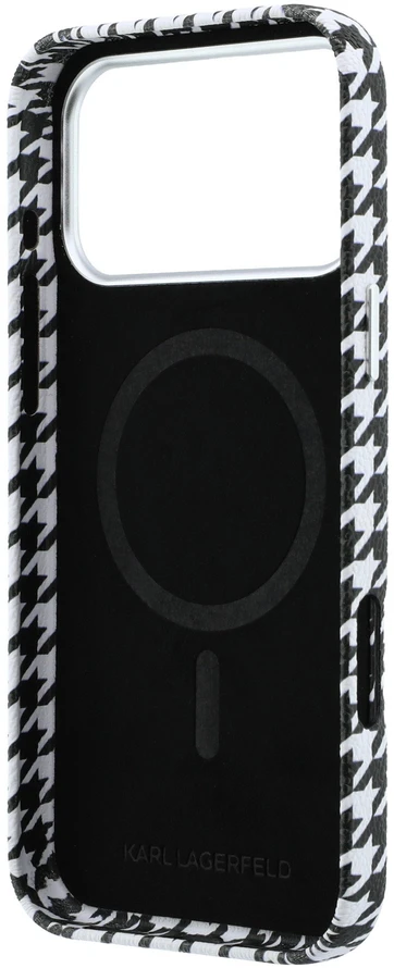 Karl Lagerfeld PU Houndstooth Resin Plate MagSafe dėklas skirtas iPhone 17 Pro Max juodos spalvos
