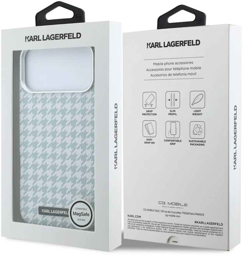 Karl Lagerfeld PU Houndstooth Resin Plate MagSafe dėklas skirtas Apple iPhone 17 Pro Max Mėlyna