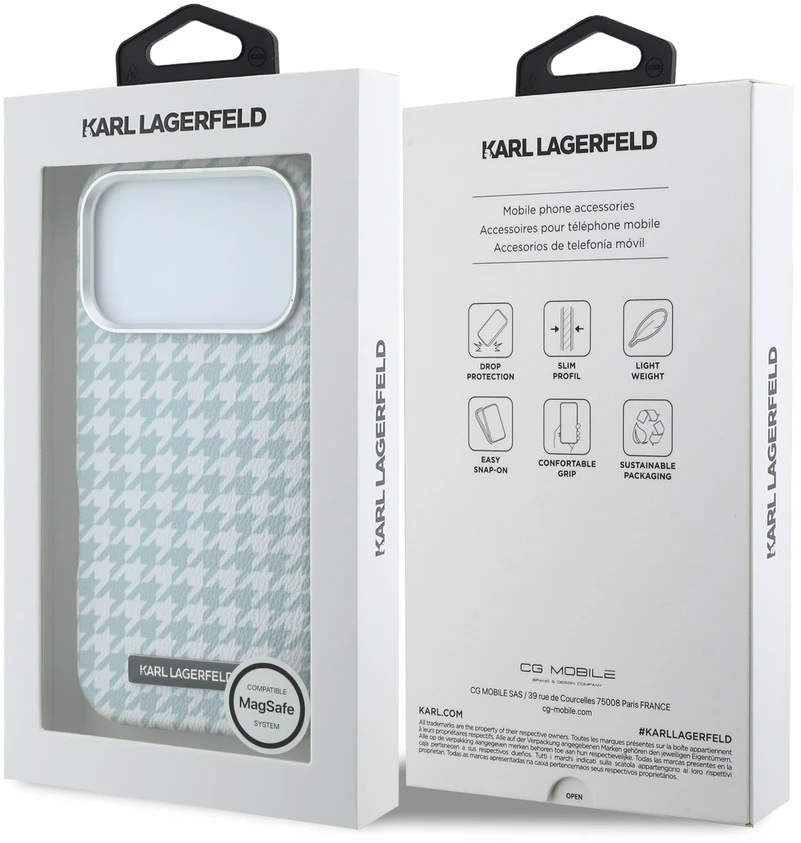 Karl Lagerfeld PU Houndstooth Resin Plate MagSafe dėklas, skirtas iPhone 17 Pro, mėlynas