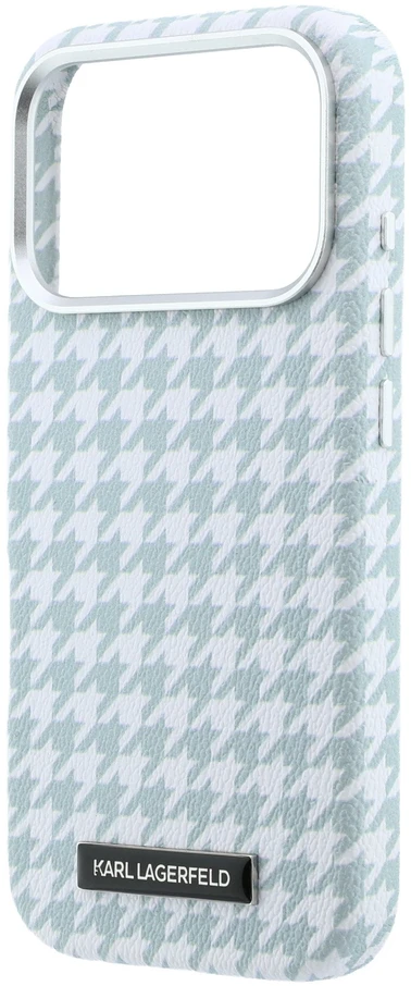 Karl Lagerfeld PU Houndstooth Resin Plate MagSafe dėklas, skirtas iPhone 17 Pro, mėlynas