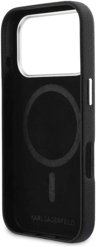 „Karl Lagerfeld Karl & Choupette Head Pins Saffiano MagSafe“ dėklas, skirtas „iPhone 17 Pro“ – Juodas