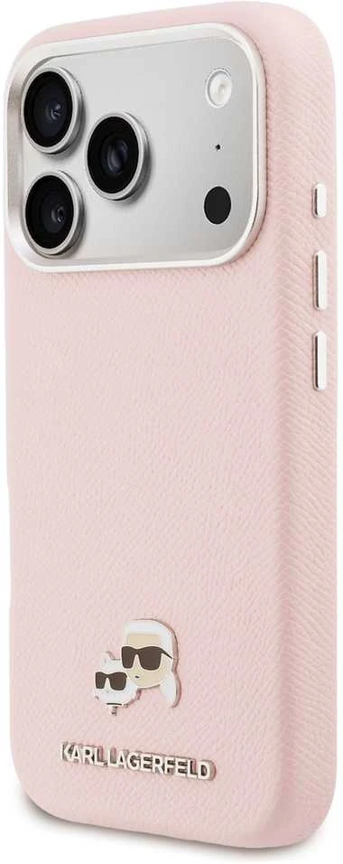 Dėklas Karl Lagerfeld Karl & Choupette Head Pins Saffiano MagSafe Case for iPhone 17 Pro - Rožinė