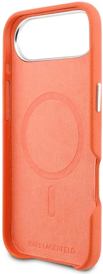 Karl Lagerfeld PU Karl and Choupette Heads Pins MagSafe dėklas skirtas Apple iPhone Air Oranžinis