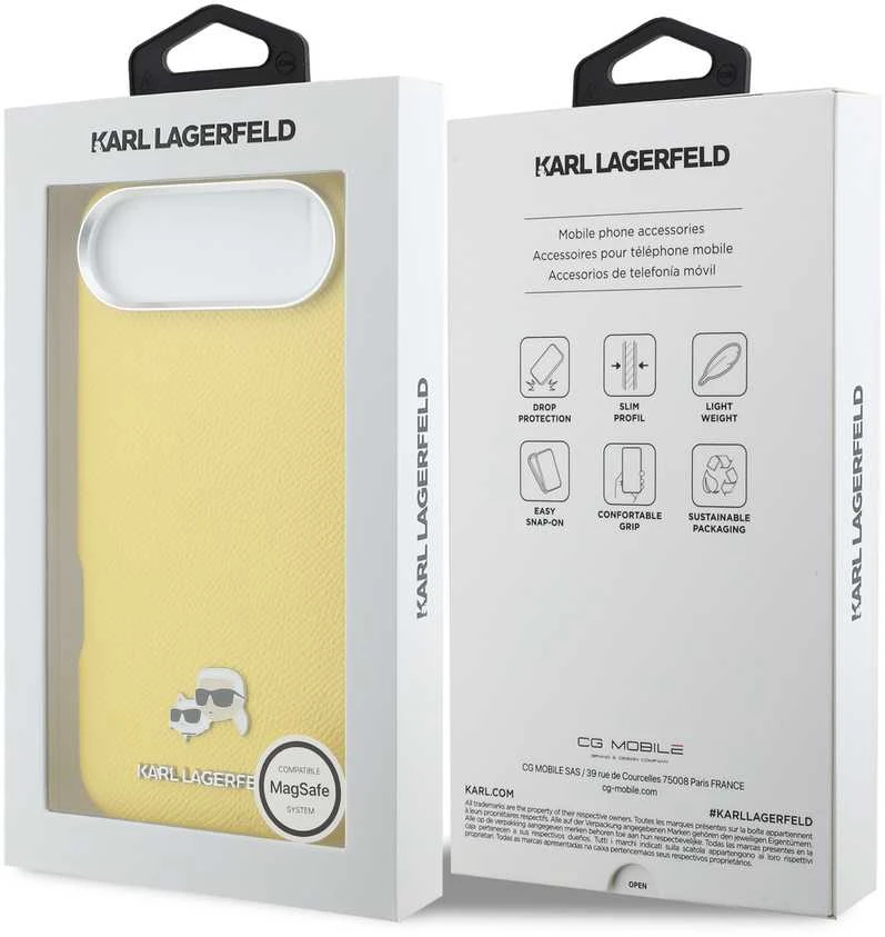 Karl Lagerfeld PU Karl and Choupette Heads Pins MagSafe dėklas skirtas Apple iPhone Air Geltona
