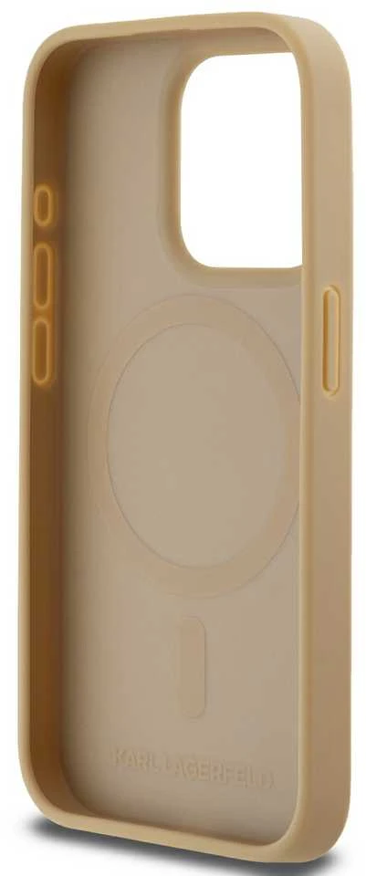 Karl Lagerfeld PU Karl Heads Pattern MagSafe dėklas telefonui Apple iPhone 15 Pro rusvai gelsvas