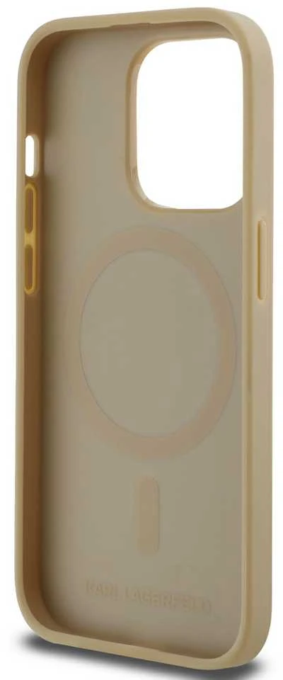 Karl Lagerfeld PU Karl Heads Pattern MagSafe dėklas telefonui Apple iPhone 14 Pro Max rusvai gelsvas