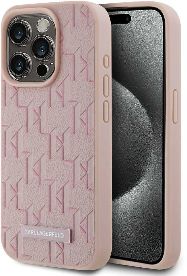 Karl Lagerfeld KLHMP15XPKHPORPP Apple iPhone 15 Pro Max 6.7″ kietas dėklas rožinės spalvos Leather Monogram Metal Lo