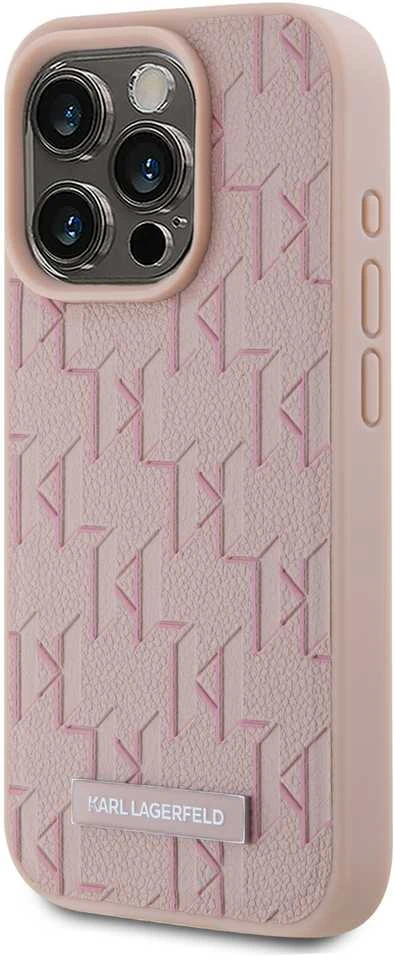 Karl Lagerfeld KLHMP15XPKHPORPP Apple iPhone 15 Pro Max 6.7″ kietas dėklas rožinės spalvos Leather Monogram Metal Lo