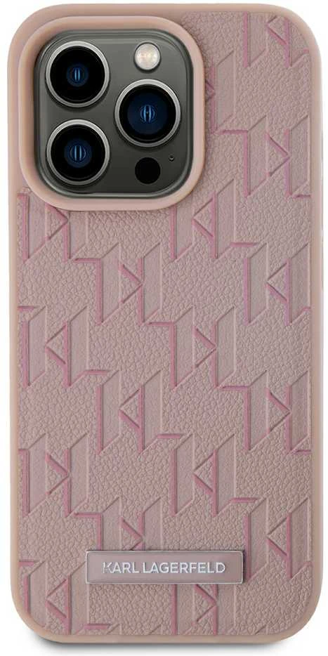 Karl Lagerfeld KLHMP15XPKHPORPP Apple iPhone 15 Pro Max 6.7″ kietas dėklas rožinės spalvos Leather Monogram Metal Lo