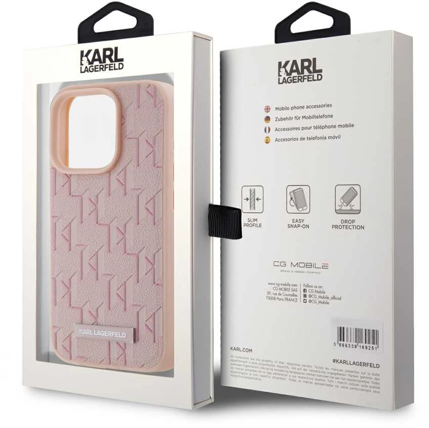Karl Lagerfeld KLHMP15LPKHPORPP iPhone 15 Pro 6.1″ kietas dėklas rožinės spalvos Leather Monogram Metal Logo
