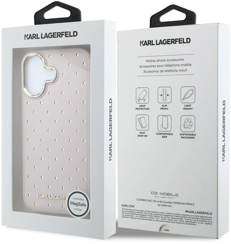 Karl Lagerfeld PU Perforated Gold Dots MagSafe dėklas skirtas Apple iPhone 17 rožinės spalvos
