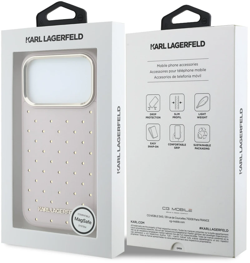 Karl Lagerfeld PU Perforated Gold Dots MagSafe dėklas skirtas Apple iPhone 17 Pro rožinės spalvos