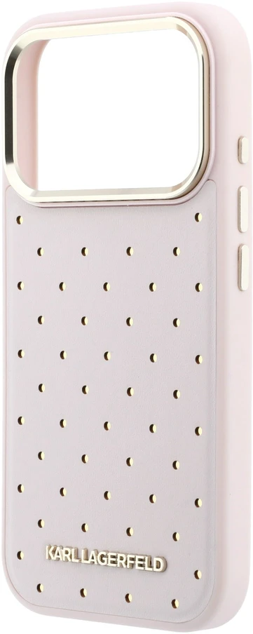 Karl Lagerfeld PU Perforated Gold Dots MagSafe dėklas skirtas Apple iPhone 17 Pro rožinės spalvos