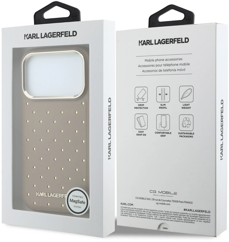Karl Lagerfeld PU Perforated Gold Dots MagSafe dėklas skirtas Apple iPhone 17 Pro rusvai gelsvas