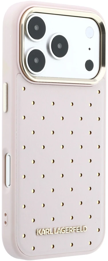 Karl Lagerfeld PU Perforated Gold Dots MagSafe dėklas skirtas Apple iPhone 17 Pro Max rožinės spalvos