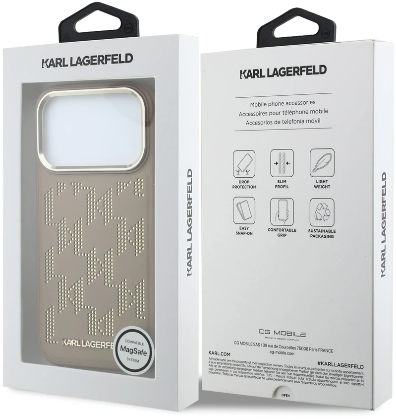 Karl Lagerfeld PU Perforated Monogram MagSafe dėklas skirtas Apple iPhone 17 Pro rusvai gelsvas
