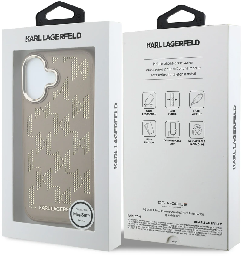 Karl Lagerfeld PU Perforated Monogram MagSafe dėklas skirtas iPhone 17 rusvai gelsvas