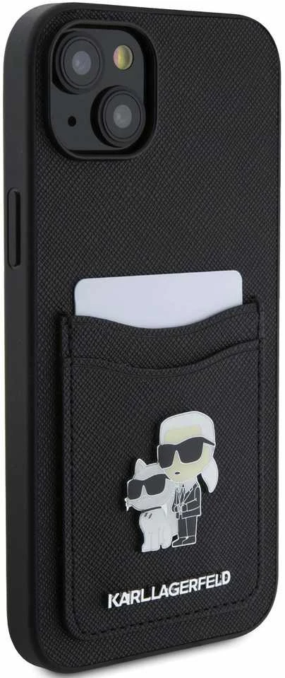 Karl Lagerfeld KLHCP15SSAPKCNPK Apple iPhone 15 / 14 / 13 6.1″ juodos spalvos kietas dėklas Saffiano Cardslot Karl