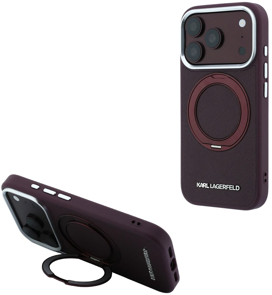 Dėklas Karl Lagerfeld case for IPHONE 18 Pro/17 Pro compatible with MagSafe (Ring Stand 360 Saffiano Classic Logo) burgundy