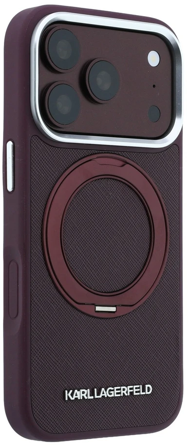 Dėklas Karl Lagerfeld case for IPHONE 18 Pro/17 Pro compatible with MagSafe (Ring Stand 360 Saffiano Classic Logo) burgundy