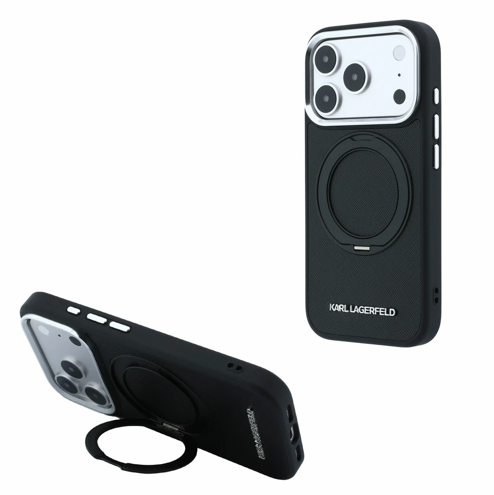 Dėklas Karl Lagerfeld PU Saffiano Ring Stand MagSafe Case for iPhone 18 Pro Juodas
