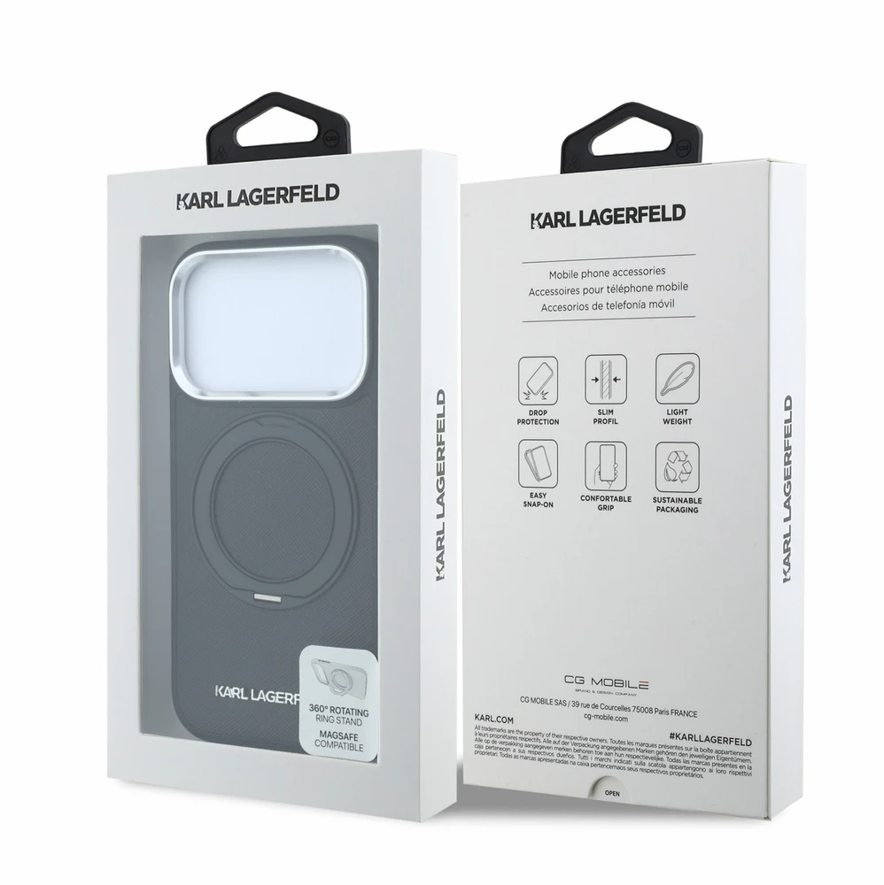 Dėklas Karl Lagerfeld PU Saffiano Ring Stand MagSafe Case for iPhone 18 Pro Juodas