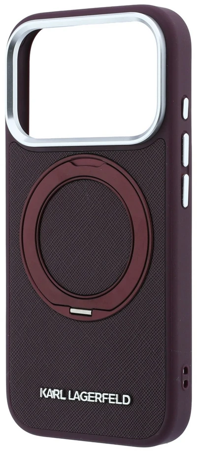 Dėklas Karl Lagerfeld case for IPHONE 18 Pro/17 Pro compatible with MagSafe (Ring Stand 360 Saffiano Classic Logo) burgundy